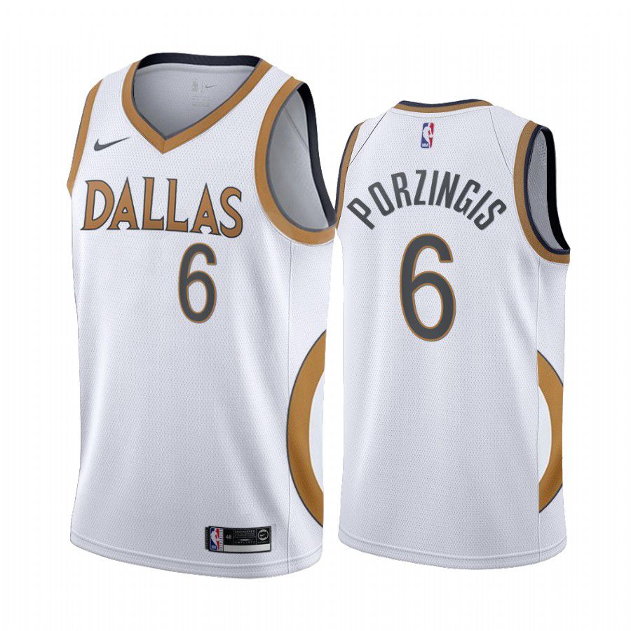 Men Dallas Mavericks #6 kristaps porzingis white city edition gold silver logo 2020 nba jersey->customized nba jersey->Custom Jersey